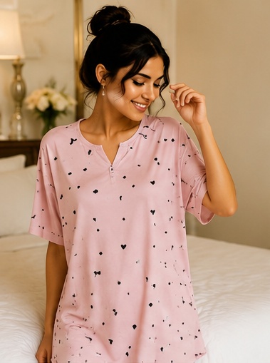 Women’s Pink Heart Print Short Sleeve Night Suit Set